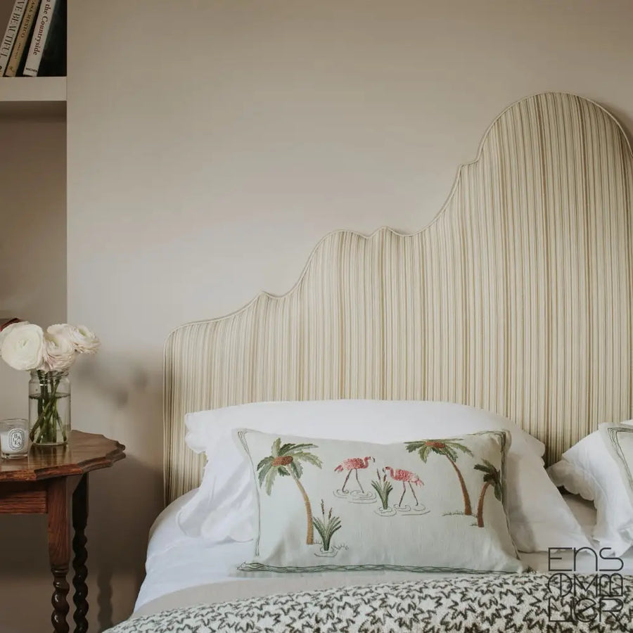 Fionn custom bespoke headboard by Ensemblier with custom fabric and details. Hand crafted furniture