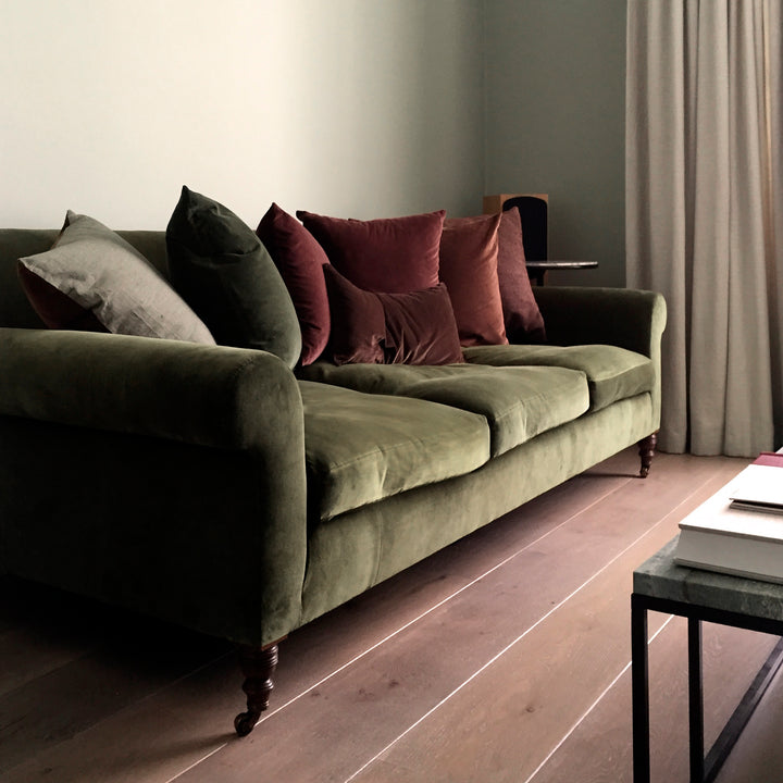 Crichton Sofa Ensemblier London Made in the UK Traditional Upholstery Down Cushions Bespoke Legs 